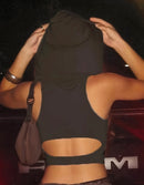 Solid Hooded Crop Tank Top, Casual Cutout Back Sleeveless